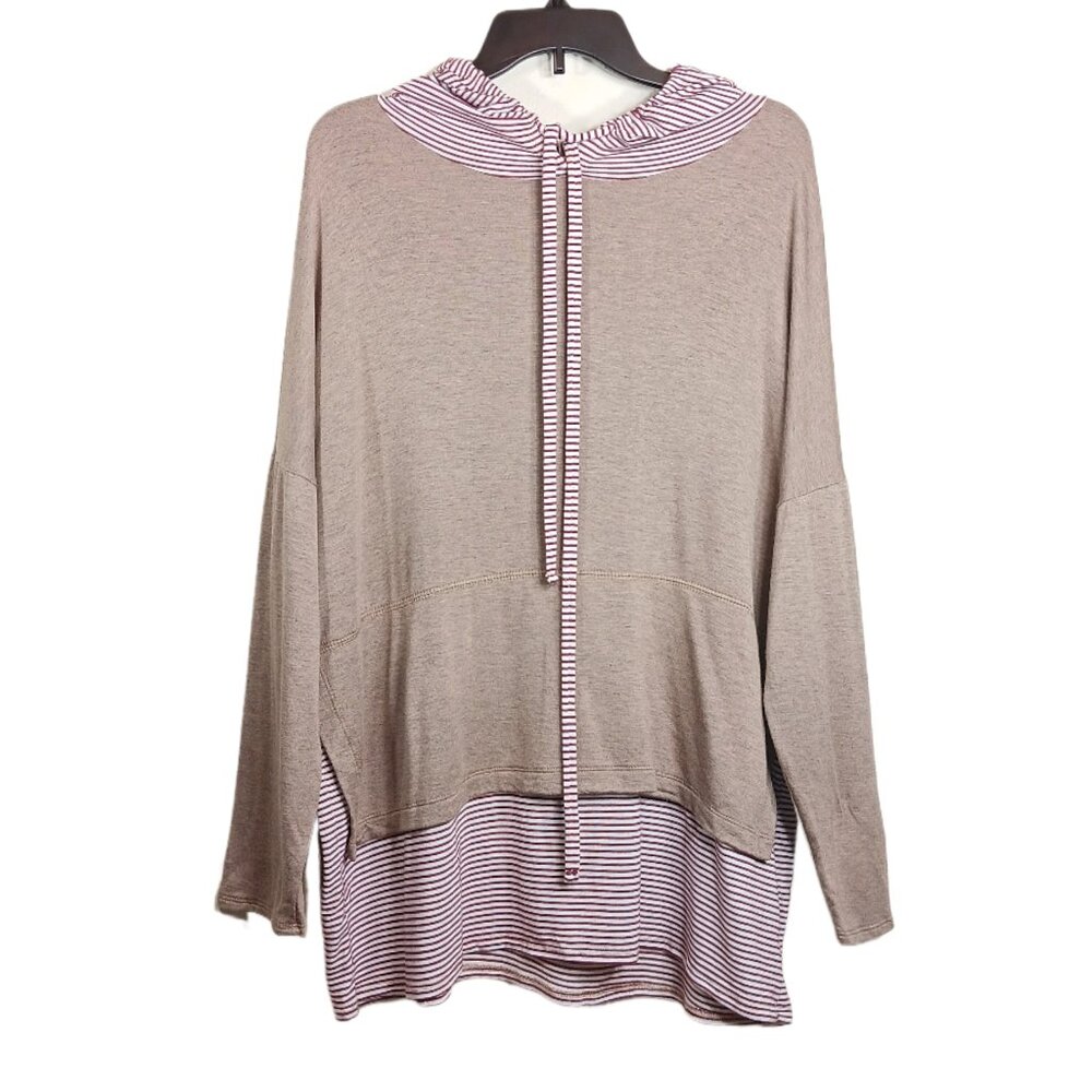 Maronie Hooded Pullover Womens Small Taupe Faux Layered Striped Hood Athleisure